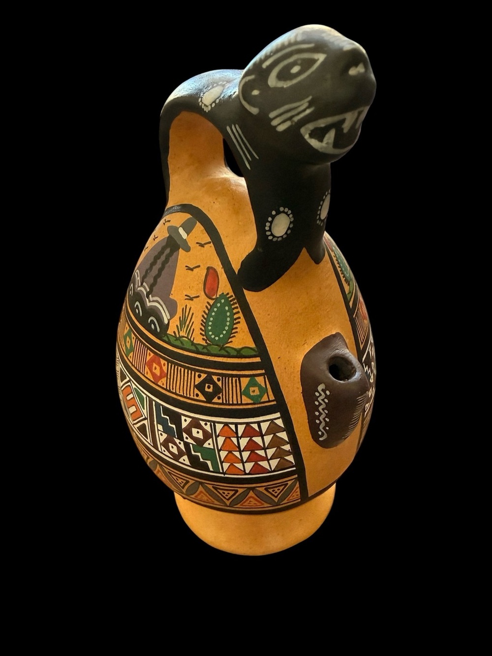 Cusco Inca Style Tribal Peru Folk Art Clay Pottery Jug Pitcher Jaguar